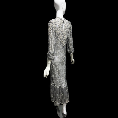 JUDITH ANN, Vintage 1980s sheer beaded dress, Black sheer mesh with beads, Hight neck with ruffle sheath cocktail party dress