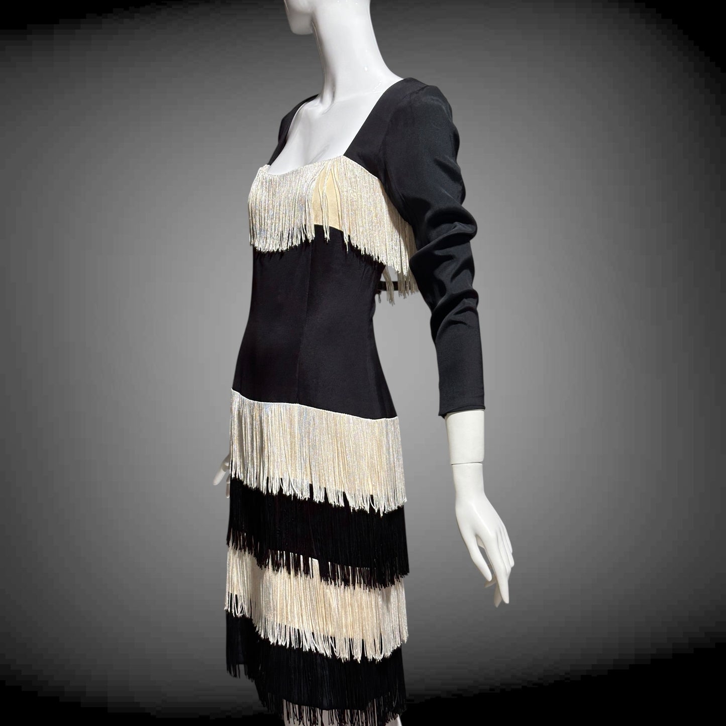 TRAVILLA vintage evening cocktail dress, 1960s black white fringed mod party dress