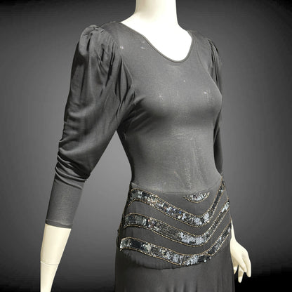 SAKS FIFTH AVENUE Made in England, 1970s evening dress, black jersey knit and sequins