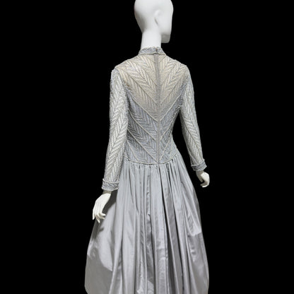 BOB MACKIE, vintage 1980s evening dress ball gown, Silver grey heavily beaded taffeta gown, Long sleeve high neck