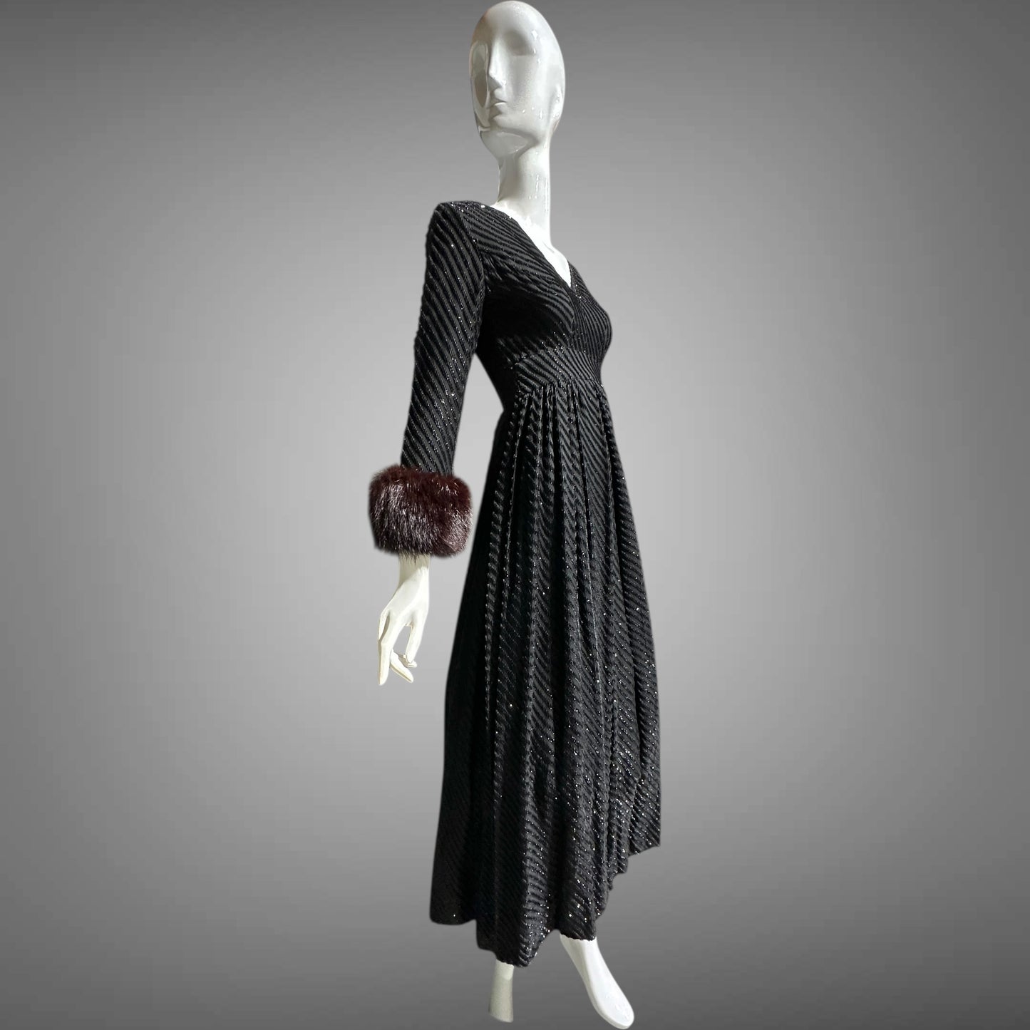 LILLIE RUBIN Vintage 1970s evening gown, Black eye lash Sparkly Gown with Fur Cuffs