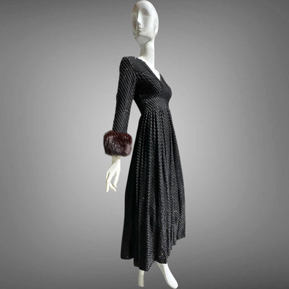 LILLIE RUBIN Vintage 1970s evening gown, Black eye lash Sparkly Gown with Fur Cuffs