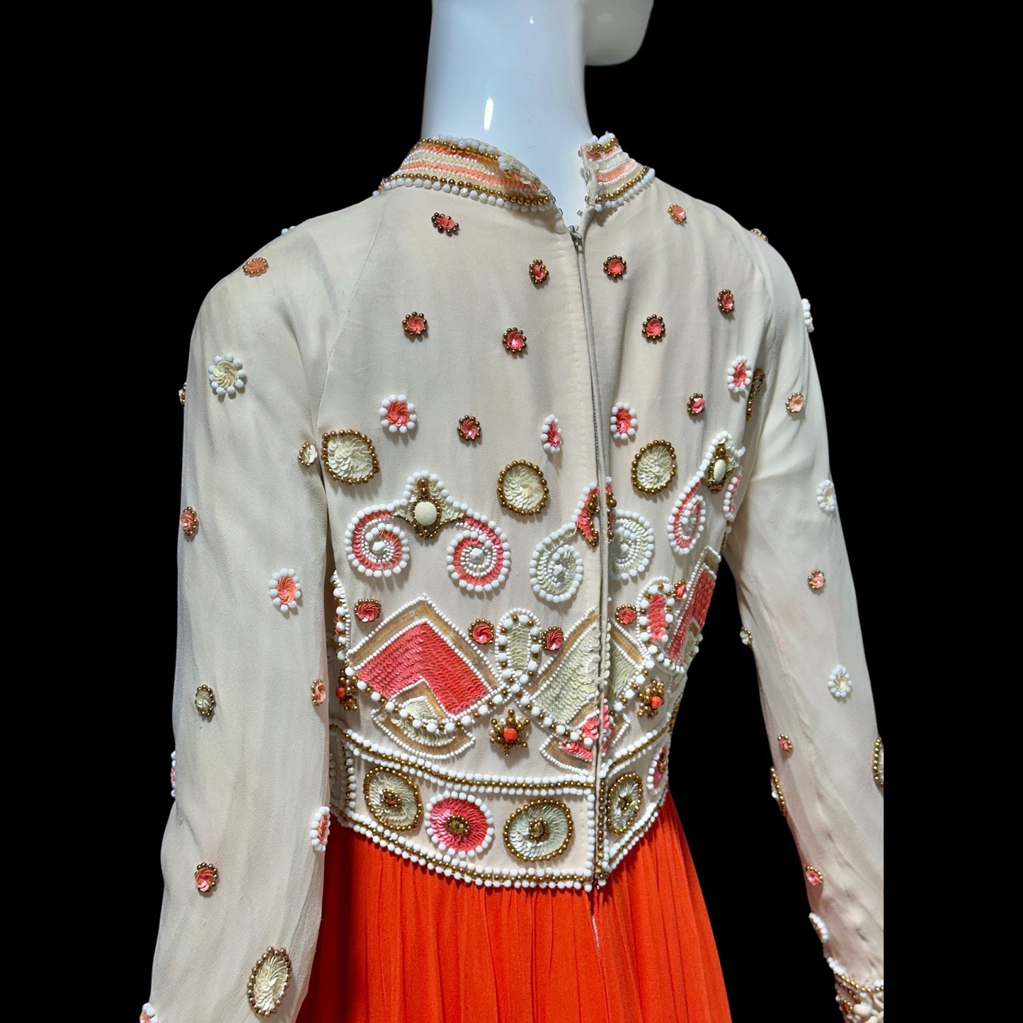 DARNELL of LONDON, vintage 1970s evening gown, Designer Beaded Orange Chiffon formal dress