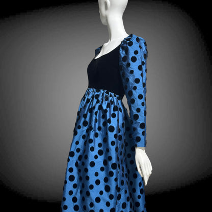 ADELE SIMPSON vintage 1960s evening dress, steel blue taffeta with black velvet flocked polka dots