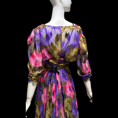 FRANK USHER LONDON, vintage 1970s evening dress, jewel tone floral chiffon with gold metallic