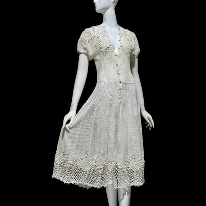 1970s vintage white crochet dress, all cotton blouson shirtdress, midi length