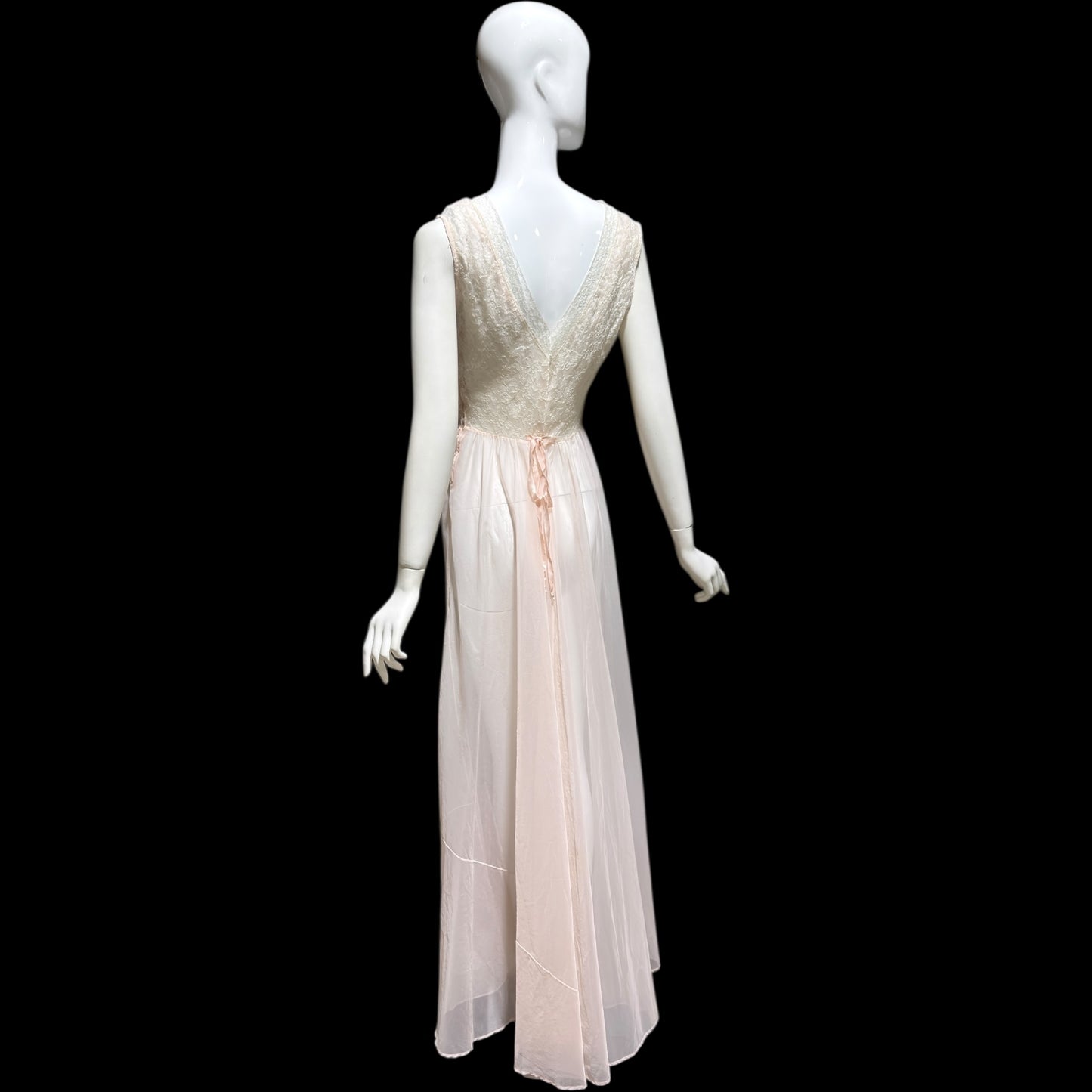 ODETTE BARSA vintage 1940s nightgown slip dress, Sheer pale pink with white lace full sweep Old Hollywood gown