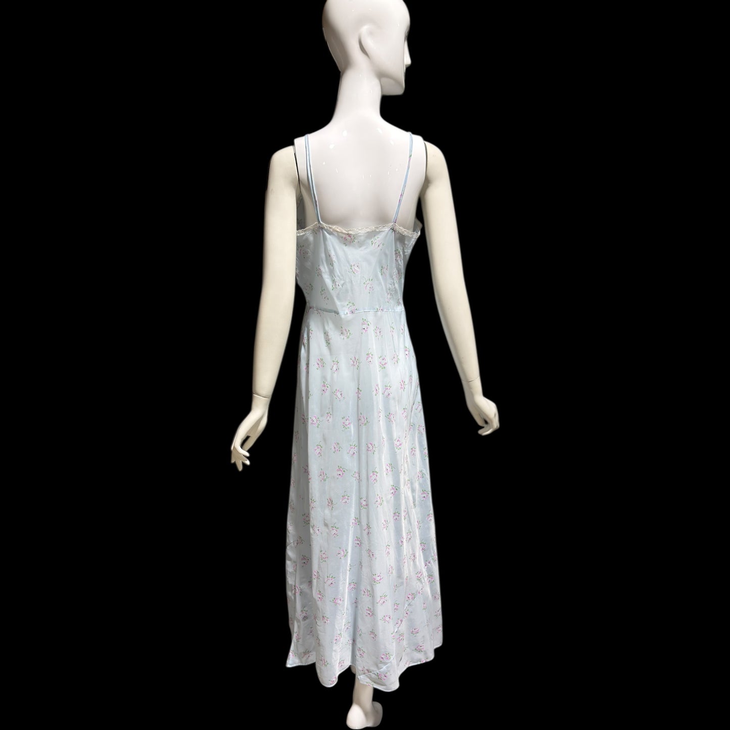 ALBERTA vintage 1940s nightgown slip dress, Sheer dusty blue with with pink rosebuds, Old Hollywood full length gown