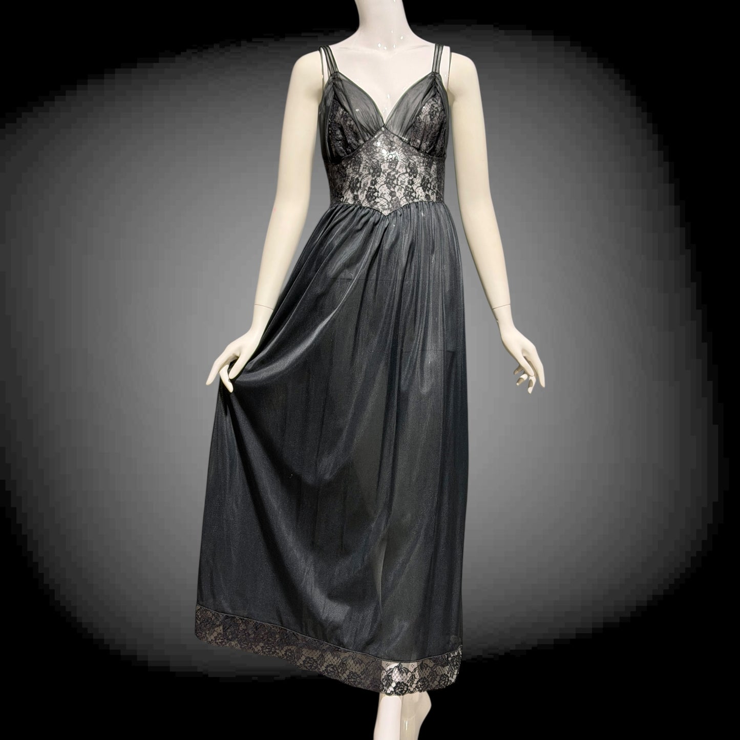 Rogers vintage 1950s Black Lace Nylon Nightgown Lingerie Slip Dress
