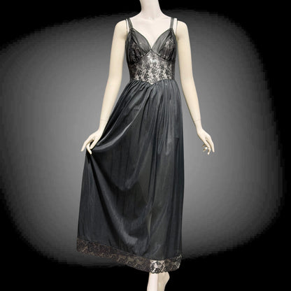 Rogers vintage 1950s Black Lace Nylon Nightgown Lingerie Slip Dress