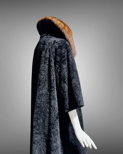LILLI ANN 1950s vintage swing coat, Black boucle evening swing coat with mink collar