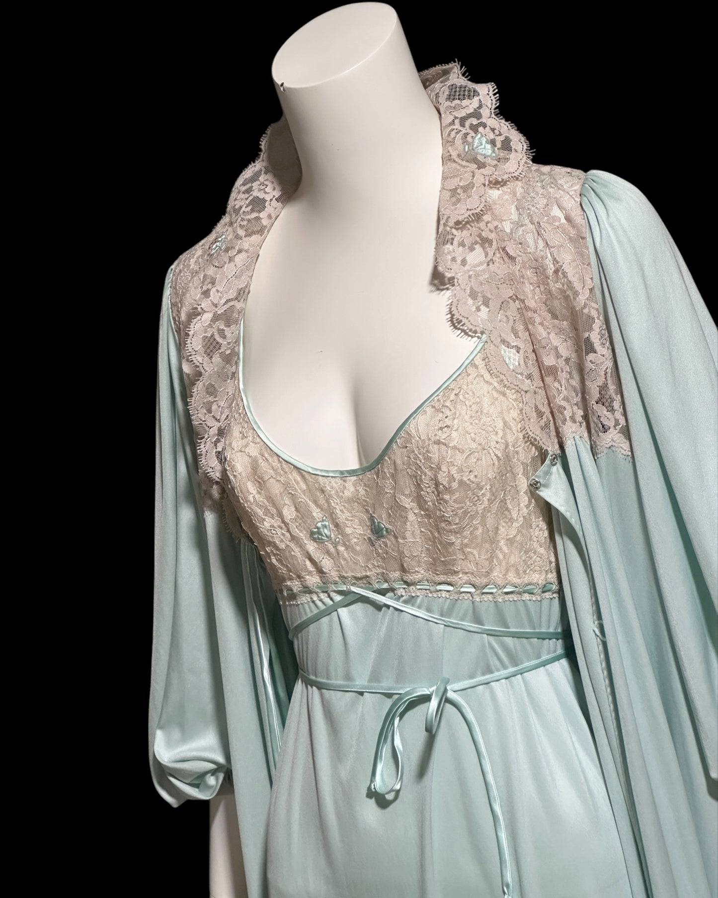 CLAIRE SANDRA Lucie Ann, Neiman Marcus, 1960s vintage nightgown robe set, seafoam green peignoir set, slip dress and housecoat