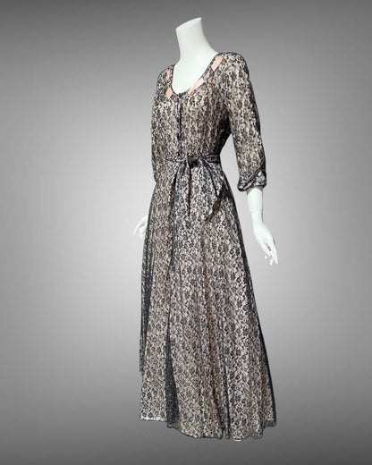 FLOBERT vintage 1940s black lace dressing gown robe, sheer black lace with pink ribbon trim