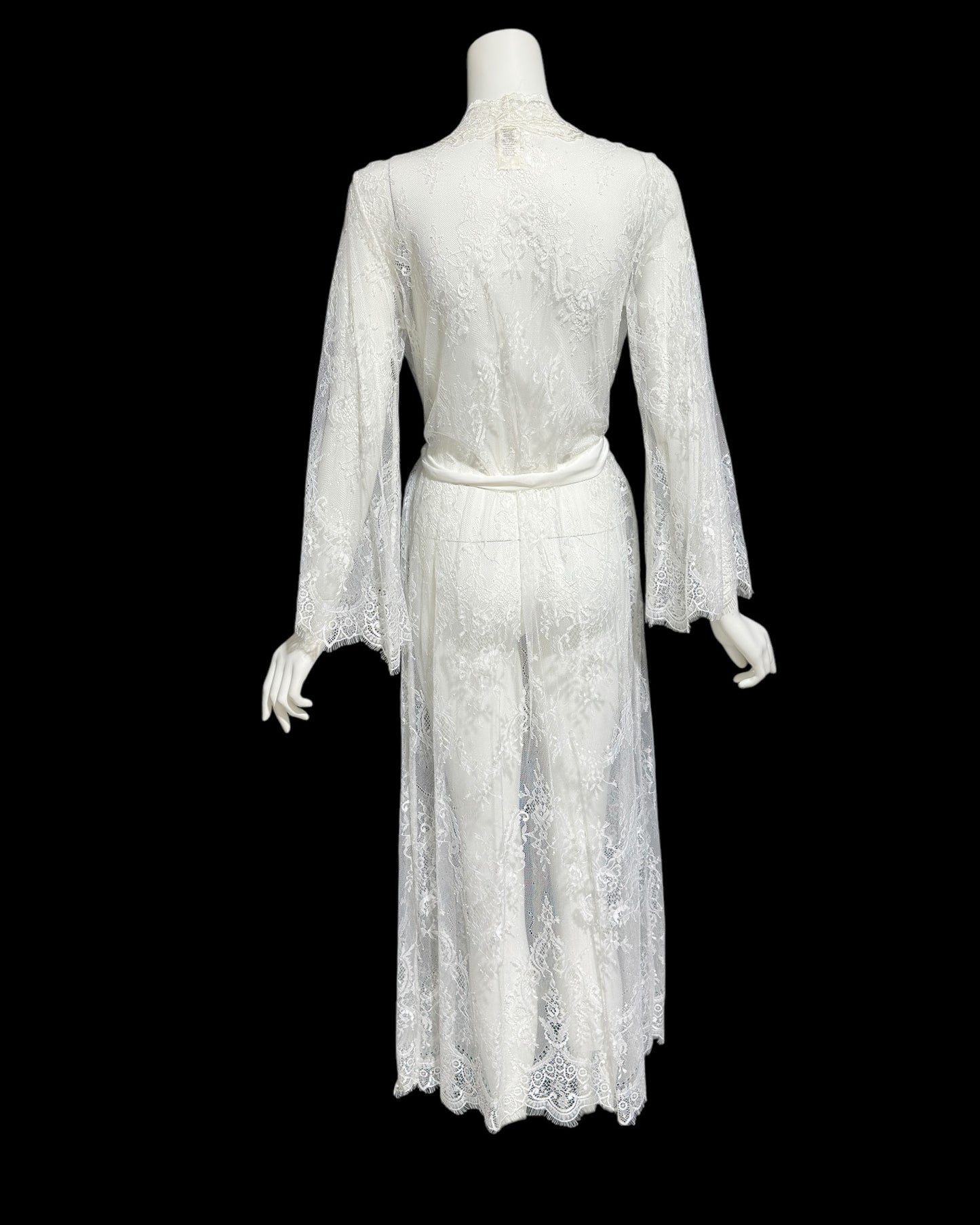 JONQUIL Diane Samandi, 1990s sheer white lace robe, see through feather weight white wrap dressing gown