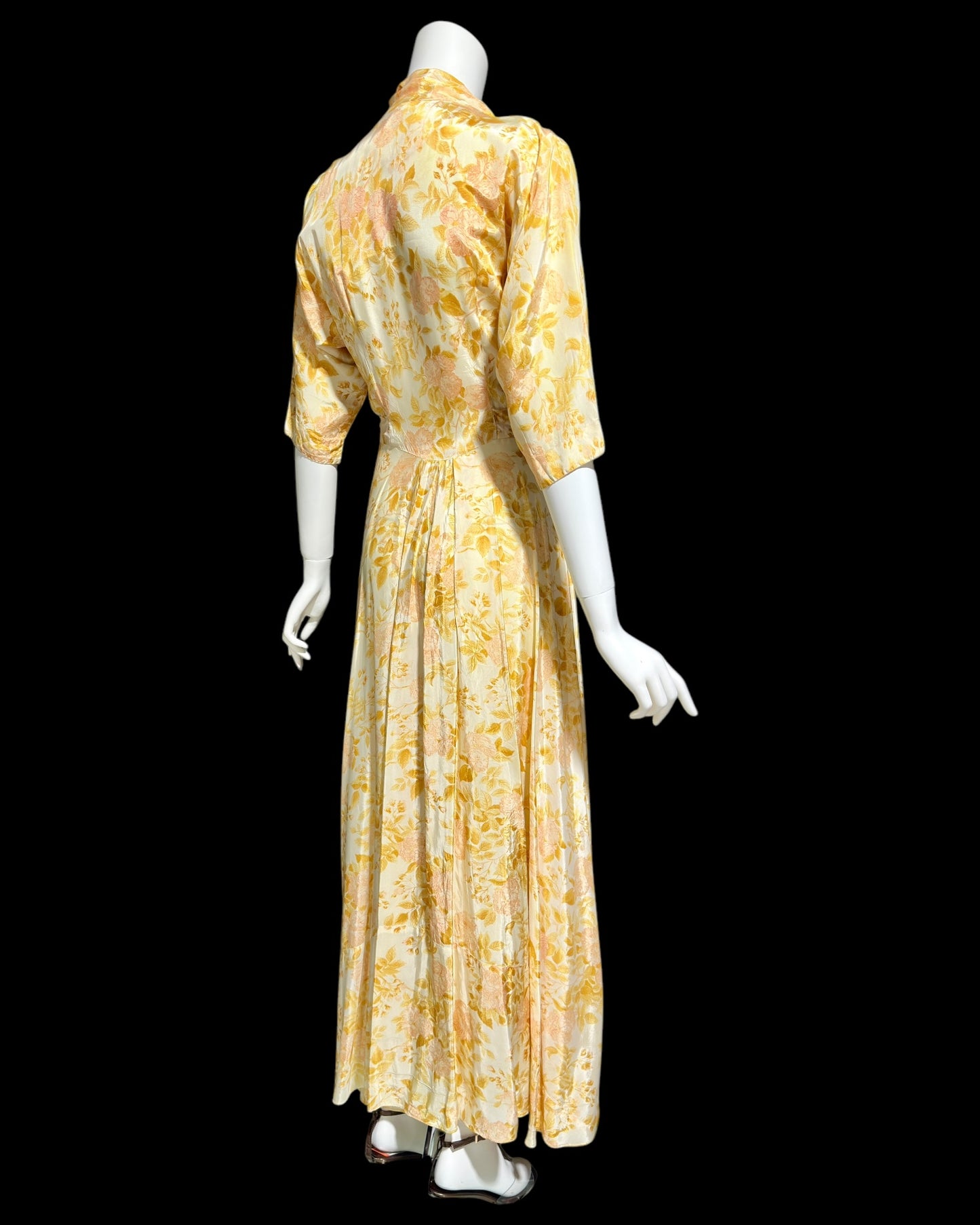 EVELYN PEARSON, vintage 1940s dressing gown robe, gold and pink floral wrap housecoat