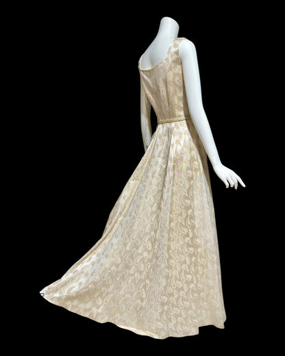 B. COHEN vintage 1940s silk dressing evening gown, house dress, ivory gold metallic feather button front