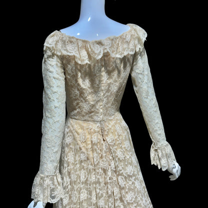 LES WILK 1970s vintage evening dress, lace beige ruffle deep V neckline full sweep wedding dress