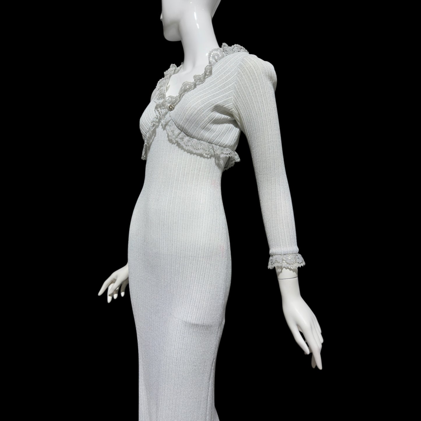 1970s vintage bodycon knit evening dress, Silver Metallic Lurex Sheath Maxi Dress