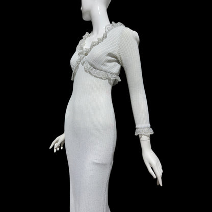 1970s vintage bodycon knit evening dress, Silver Metallic Lurex Sheath Maxi Dress