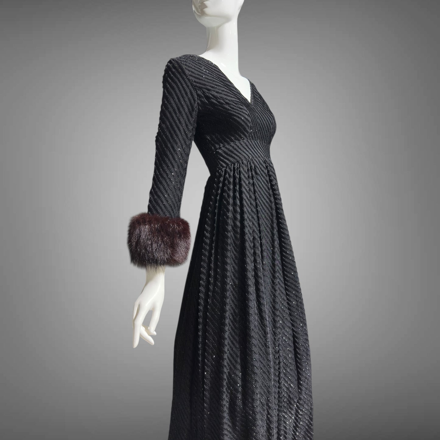 LILLIE RUBIN Vintage 1970s evening gown, Black eye lash Sparkly Gown with Fur Cuffs