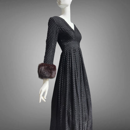 LILLIE RUBIN Vintage 1970s evening gown, Black eye lash Sparkly Gown with Fur Cuffs