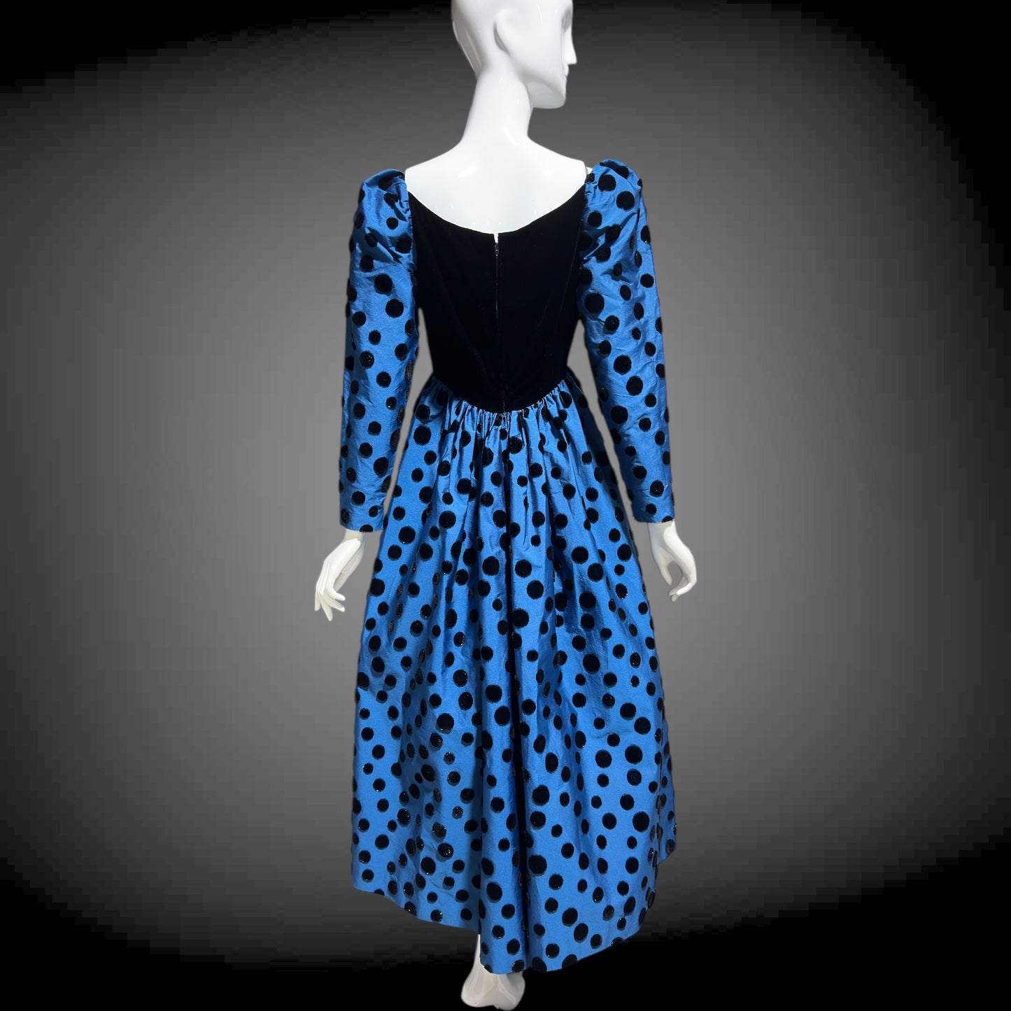 ADELE SIMPSON vintage 1960s evening dress, steel blue taffeta with black velvet flocked polka dots