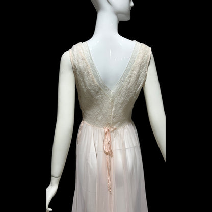 ODETTE BARSA vintage 1940s nightgown slip dress, Sheer pale pink with white lace full sweep Old Hollywood gown
