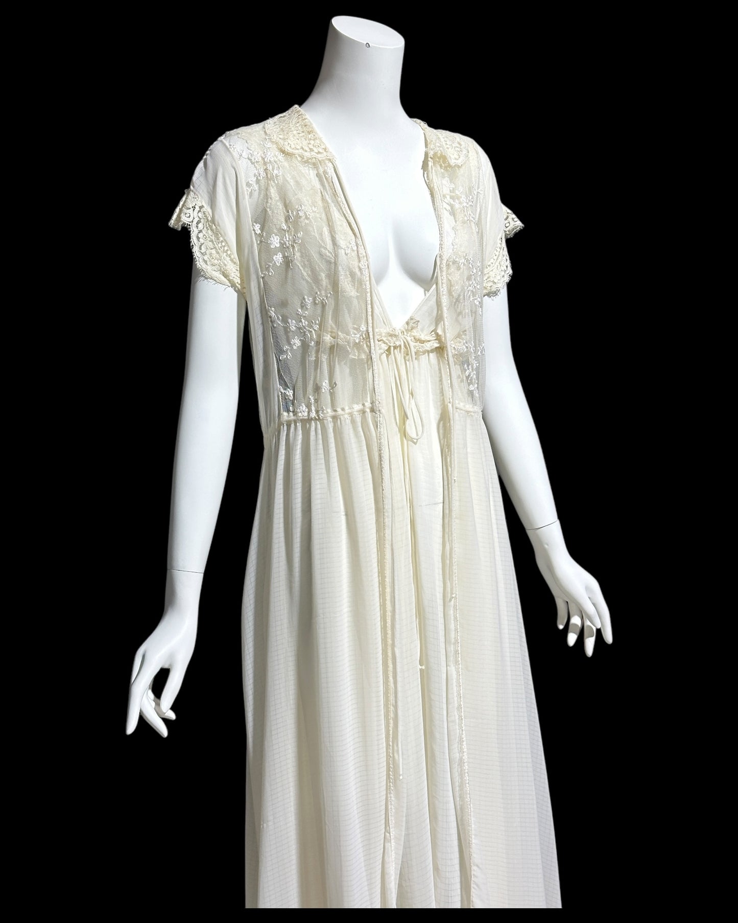 BONNIE STRAUSS vintage nightgown dressing gown set, 1980s completely sheer almond white backless robe and slip dress set