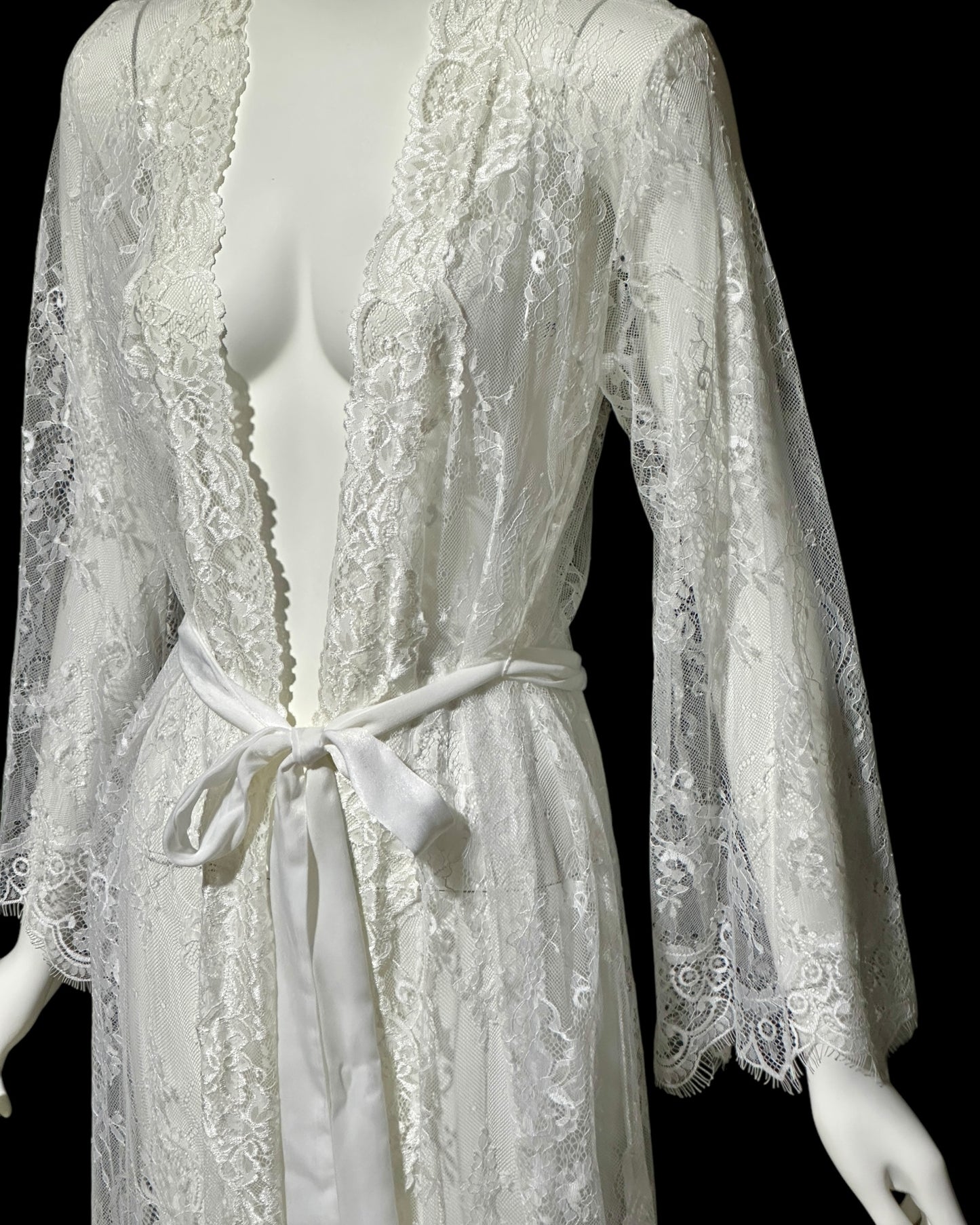 JONQUIL Diane Samandi, 1990s sheer white lace robe, see through feather weight white wrap dressing gown