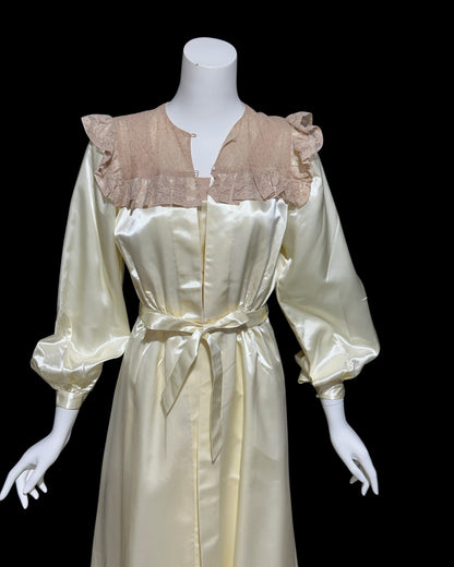 1930s vintage nightgown robe set, candlelight cream and old rose shiny night dress bridal trousseau