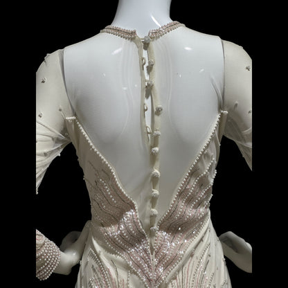 CARLOTA ALFARO, vintage 1980s evening gown, White pink beaded mermaid dress, ruffled bottom, illusion neckline
