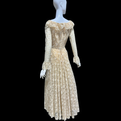 LES WILK 1970s vintage evening dress, lace beige ruffle deep V neckline full sweep wedding dress