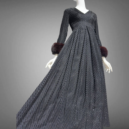LILLIE RUBIN Vintage 1970s evening gown, Black eye lash Sparkly Gown with Fur Cuffs
