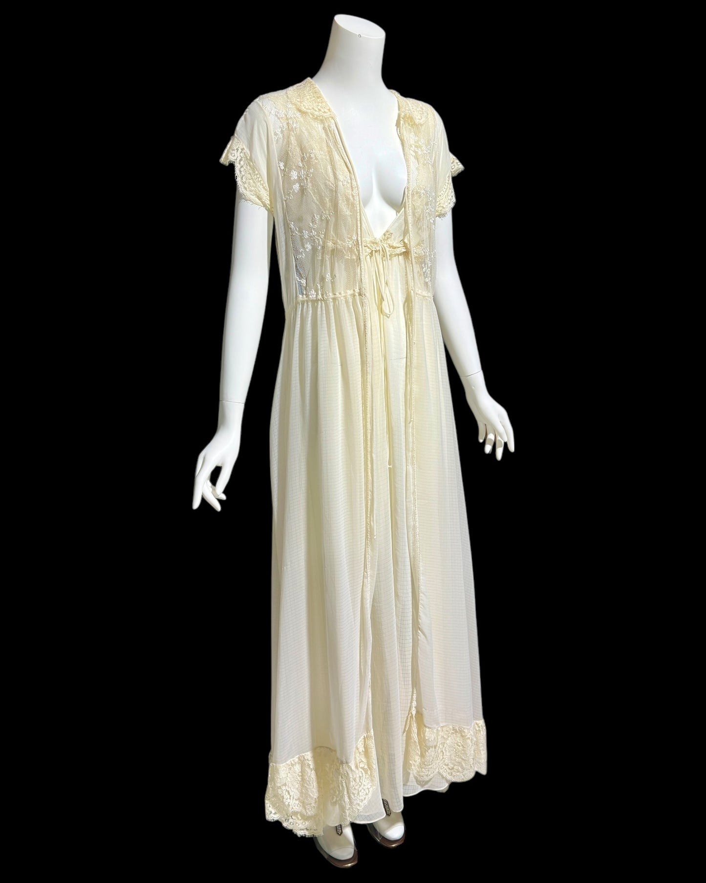 BONNIE STRAUSS vintage nightgown dressing gown set, 1980s completely sheer almond white backless robe and slip dress set