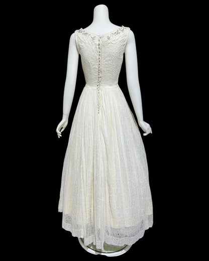 1940s vintage white lace wedding bridal dress, beaded full length bridal ball gown