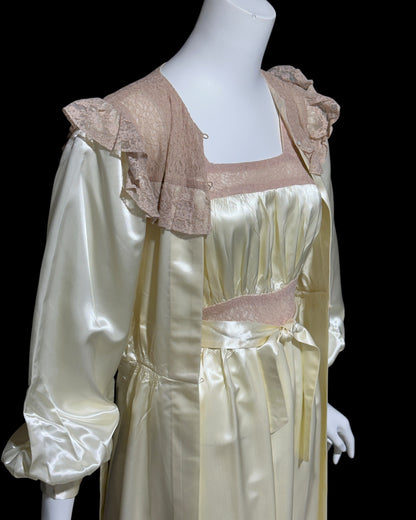 1930s vintage nightgown robe set, candlelight cream and old rose shiny night dress bridal trousseau