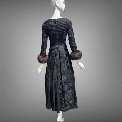 LILLIE RUBIN Vintage 1970s evening gown, Black eye lash Sparkly Gown with Fur Cuffs