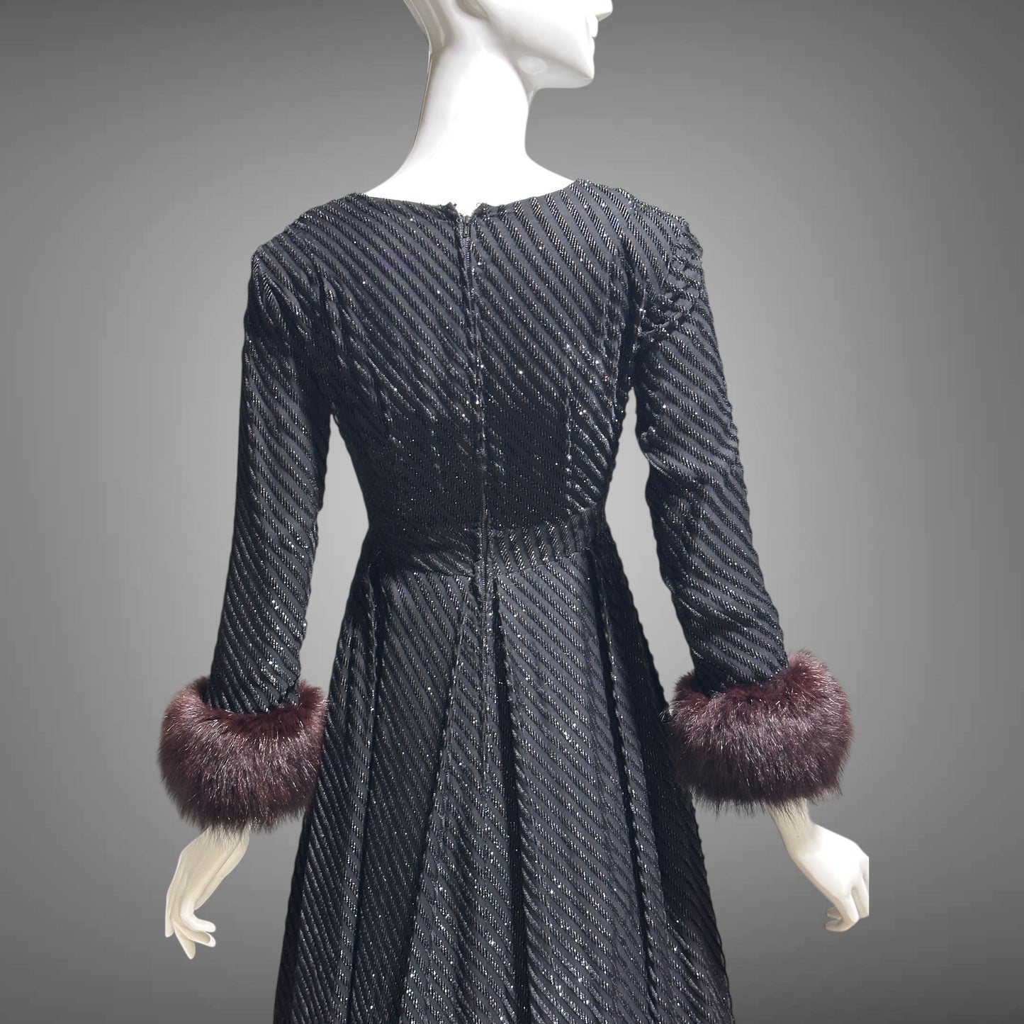 LILLIE RUBIN Vintage 1970s evening gown, Black eye lash Sparkly Gown with Fur Cuffs