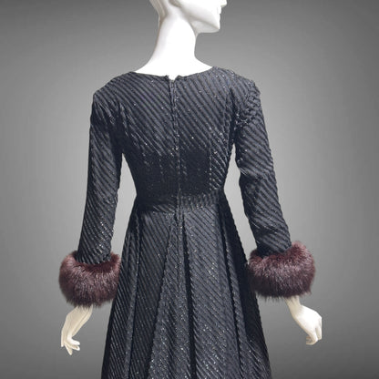 LILLIE RUBIN Vintage 1970s evening gown, Black eye lash Sparkly Gown with Fur Cuffs
