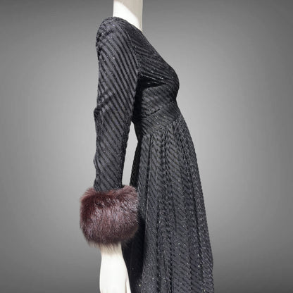 LILLIE RUBIN Vintage 1970s evening gown, Black eye lash Sparkly Gown with Fur Cuffs