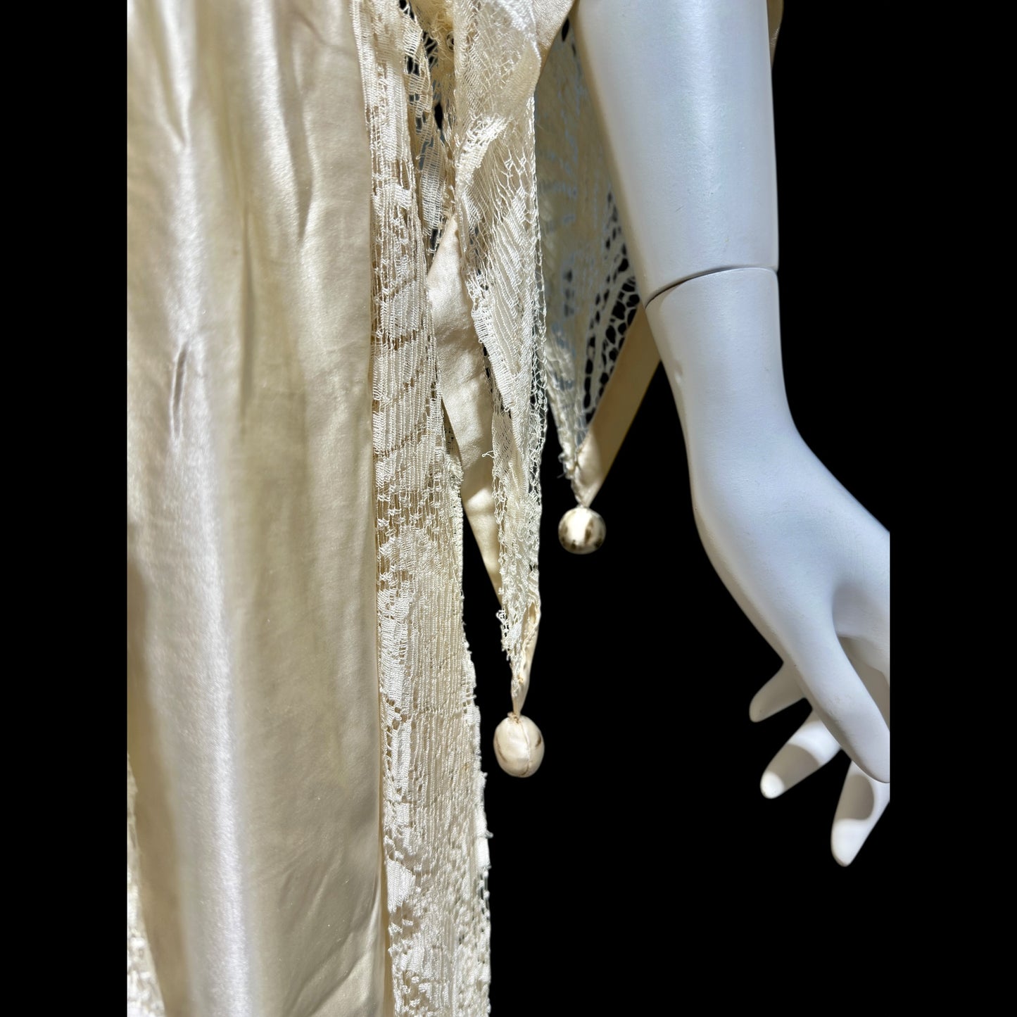 1920s Antique vintage wedding dress, Handmade candlelight white silk and lace slip dress with scarf sleeves, bridal flapper dress