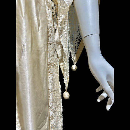 1920s Antique vintage wedding dress, Handmade candlelight white silk and lace slip dress with scarf sleeves, bridal flapper dress