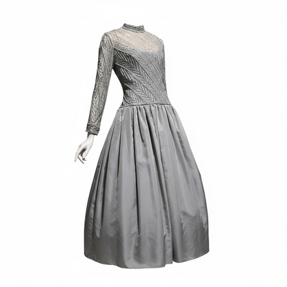 BOB MACKIE, vintage 1980s evening dress ball gown, Silver grey heavily beaded taffeta gown, Long sleeve high neck