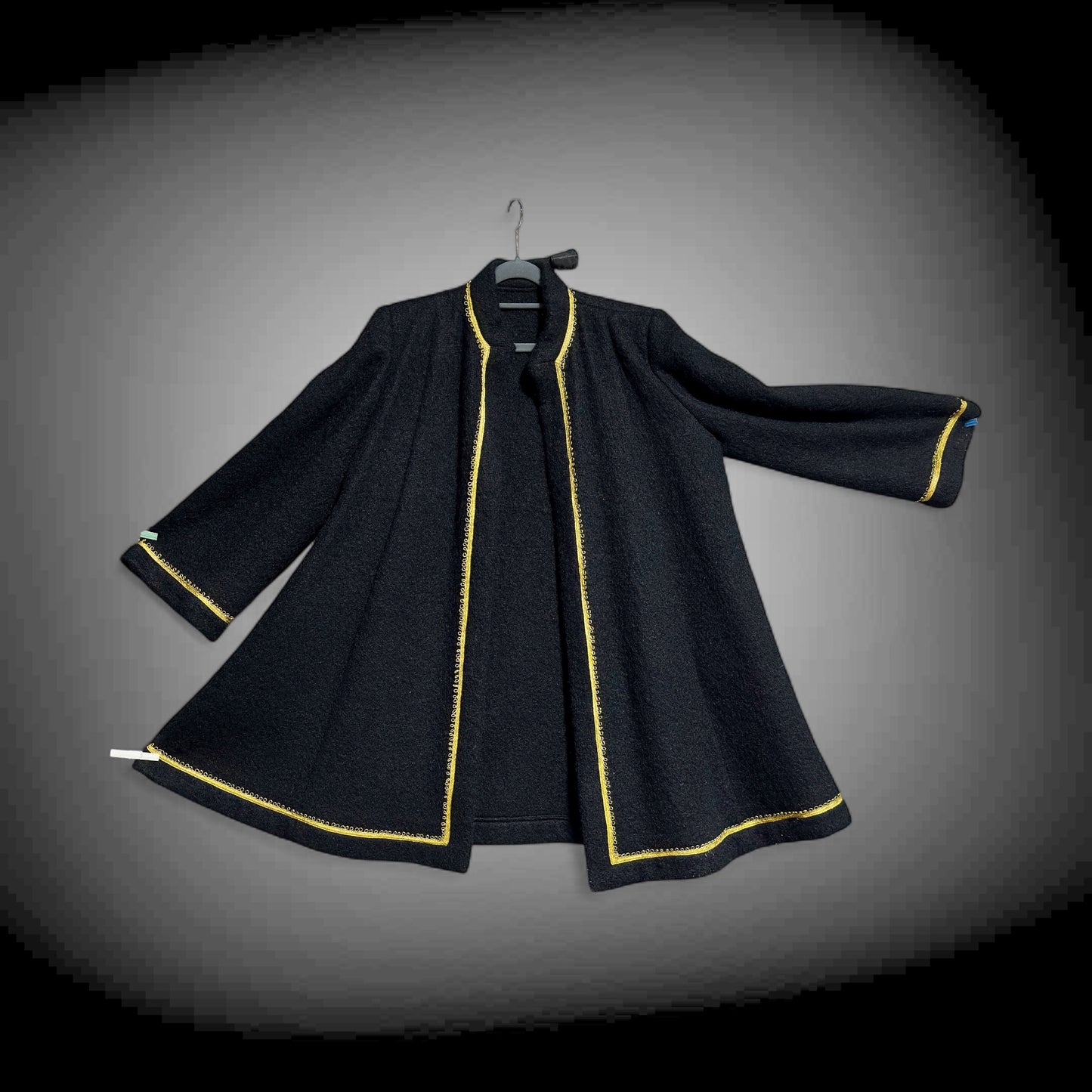 TRIGERE 1980s mohair swing coat, for SAKS 5th Ave Black mohair gold metallic cord