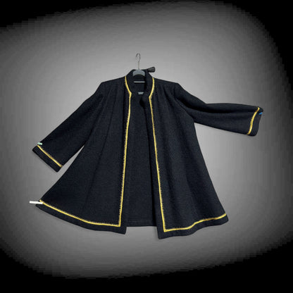 TRIGERE 1980s mohair swing coat, for SAKS 5th Ave Black mohair gold metallic cord