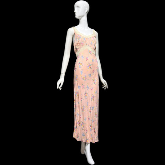 RADCLIFFE vintage 1940s Nightgown slip dress, Pink rose print floral Lingerie dress, bias cut rayon