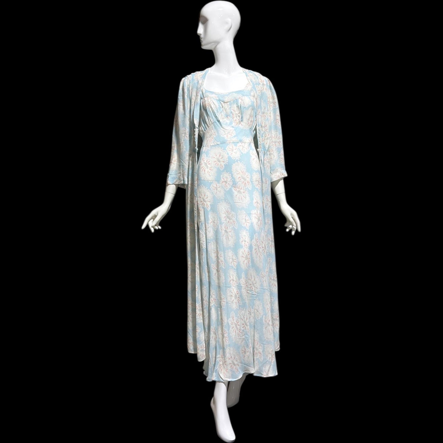 RADCLIFFE vintage nightgown robe set, 1940s FLORAL blue bias cut lingerie slip dress peignoir