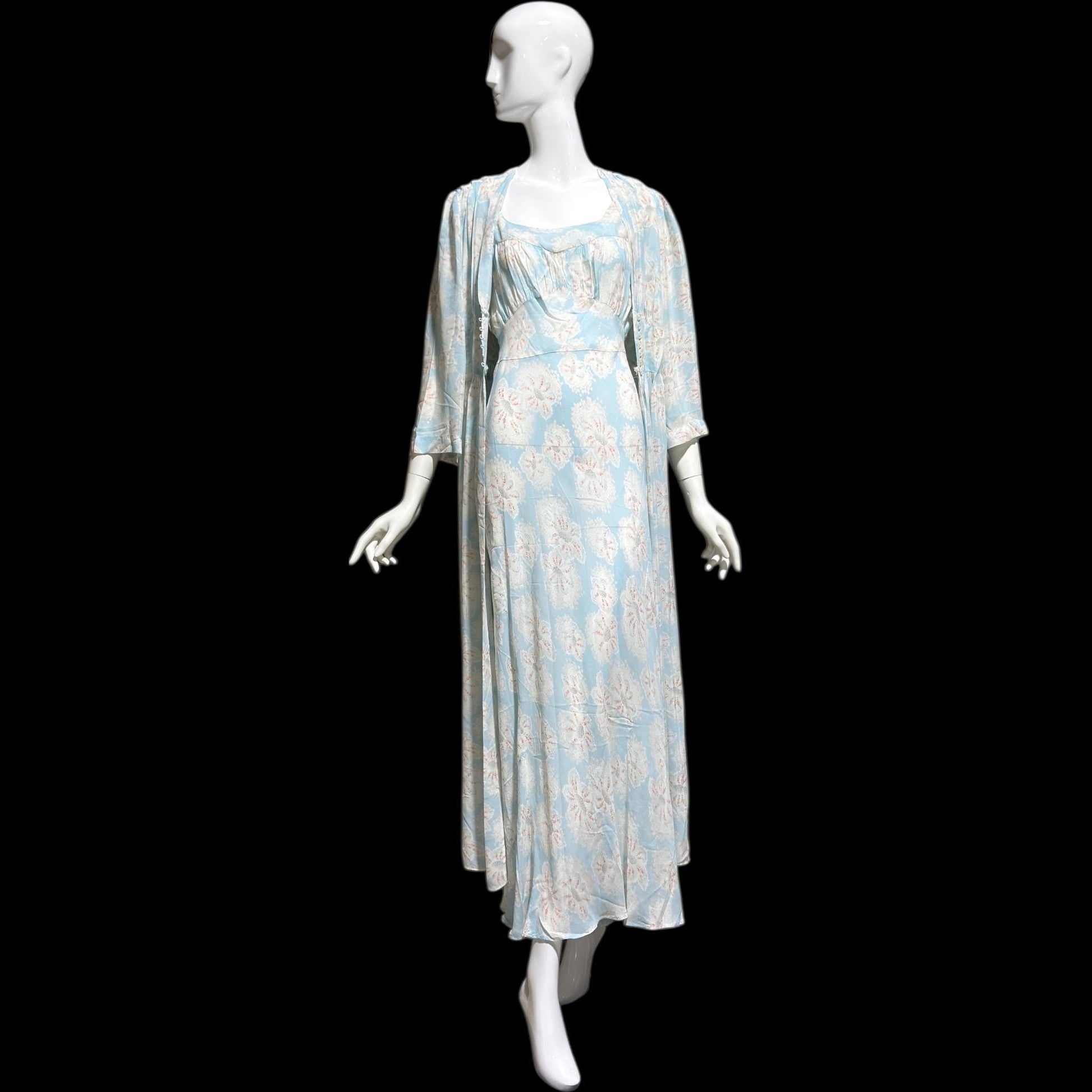 RADCLIFFE vintage nightgown robe set, 1940s FLORAL blue bias cut lingerie slip dress peignoir