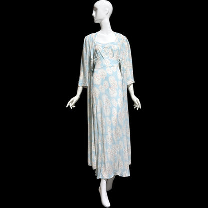 RADCLIFFE vintage nightgown robe set, 1940s FLORAL blue bias cut lingerie slip dress peignoir