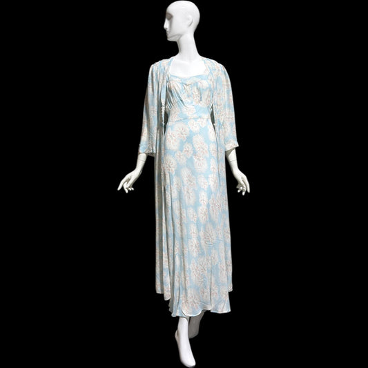 RADCLIFFE vintage nightgown robe set, 1940s FLORAL blue bias cut lingerie slip dress peignoir